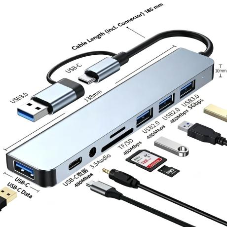 Type-C/USB 8 合 1 雙頭擴展塢，筆記本電腦 USB3.0 集線器，Type-C 擴展塢