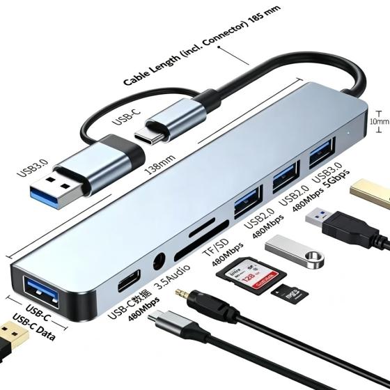Type-C/USB 8 合 1 雙頭擴展塢，筆記本電腦 USB3.0 集線器，Type-C 擴展塢
